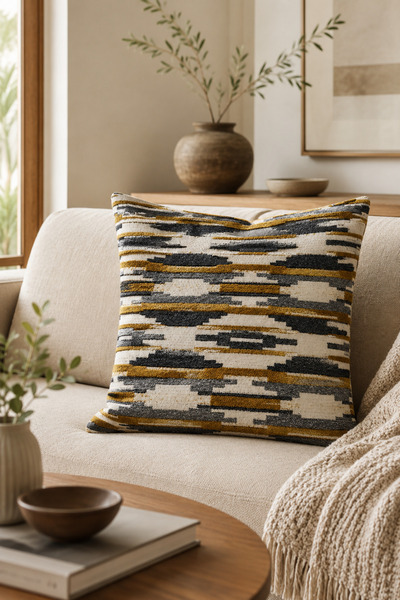 FULY CONSEPT غطاء وسادة مقاس 43x43 سم بلون رمادي خردلي بنمط هندسي مزخرف