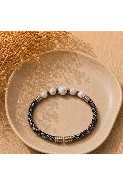 BIJUTERI Blk-3038 Howlite Stone Braided Leather Men's Bracelet |   Eos Collec...