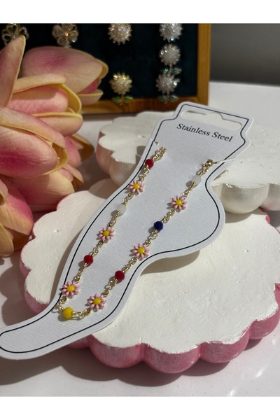 MODA Gold Steel Enamel Daisy Anklet Colorful Beaded Adjustable Summer Anklet