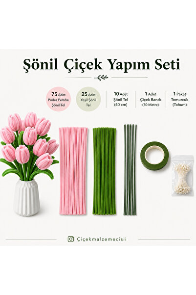 KLC Çiçek Malzemecisii Şönil Çiçek Yapım Seti 100 Parça | 75 Pudra Pembe, 25 ...