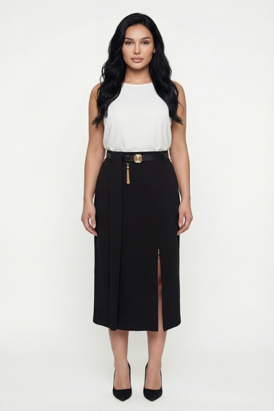 EXİTLİNE Women's Black Summer High-Waisted Skirt with Belt and Accessory Detail