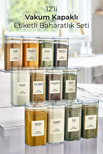 Kitchen Life Set of 12 Labeled Acrylic Leak-Proof Square Spice Containers 300 ml