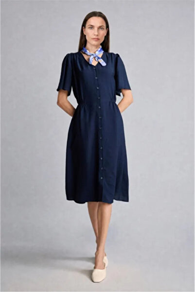 DeFacto A-Line V-Neck Short Sleeve Navy Blue Midi Dress H7590Ax26Sm