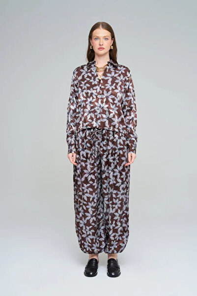 Orfeo Negro Leaf Patterned Brown Blouse and Trousers Set