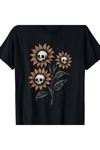 BASEPULSE Gothic Sunflower Skull Graphic T-Shirt - Unique Black Tee Featuring...