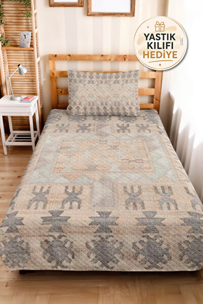 Evimde Bambaşka Bohemian Ethnic Beige Young Room Single Pique Set - Gray Geom...