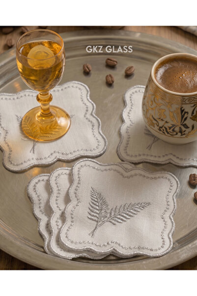gkzglass home dekor 6 Adet Keten Kumaş Üzeri Nakışlı Kahve Yanı Kokteyl Peçet...