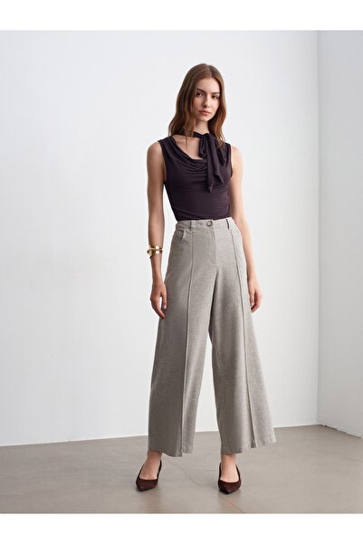 Dilvin 72728 Linen Blend Wide Leg Trousers-Stone