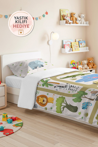 Evimde Bambaşka Safari Animal Pastel Green Children's Room Single Pique Set -...
