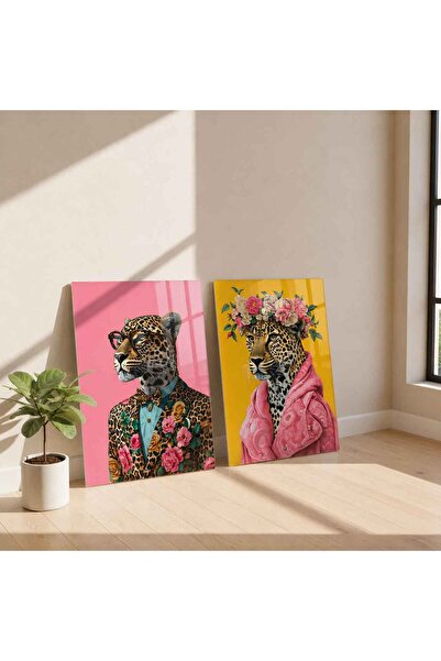 Renkli Leopar Portreli Cam Görünümlü Pleksi Tablo Seti – Modern Pop Art Duvar Dekoru