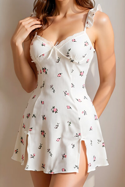 Homay Floral Patterned Slit Ruffled Strap Nightgown