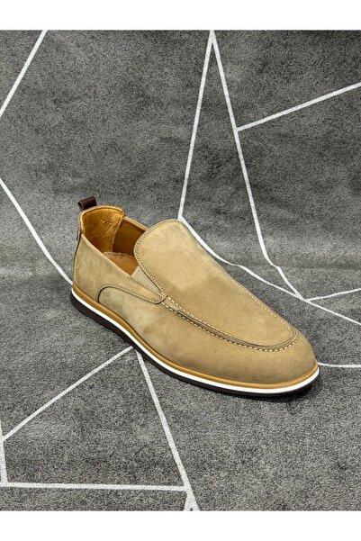 modaayakkabı Beige Genuine Nubuck Leather Loafer Shoes