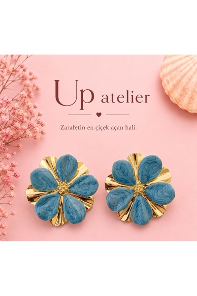 Up Atelier Blue Flower Earrings with Pearlescent Gold Detail