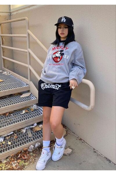 COZYWEAR Printed Oversize Sweatshirt and Black Shorts Combination