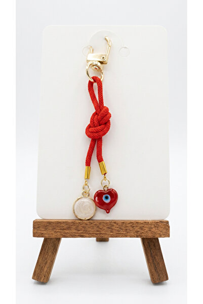 Glam Aksesuar Çanta Charmı - Kalp Göz Charm, Kırmızı İp Çanta Aksesuarı - 10 cm