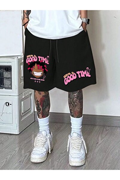 classy moda شورت أسود كبير الحجم مطبوع من Good Time
