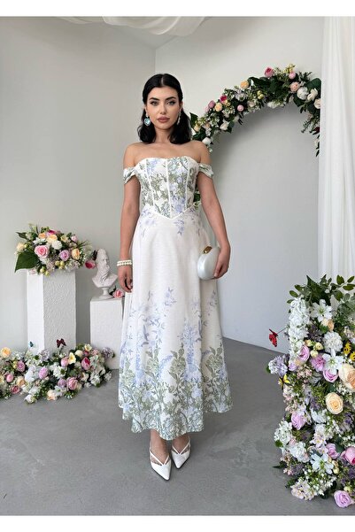 Miss Beyoğlu Women's Floral Patterned Madonna Collar Long Linen Dress