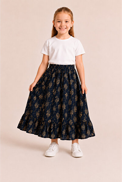 DUBAİ ÇOCUK Girl's Long Skirt Summer Patterned Elastic Waist Comfortable Loos...