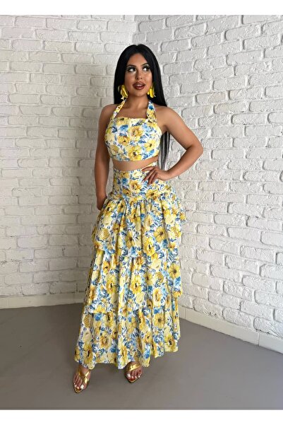 moneta boutique Kadın Çiçek Desenli Büstiyer Ve Kat Kat Etek Takım