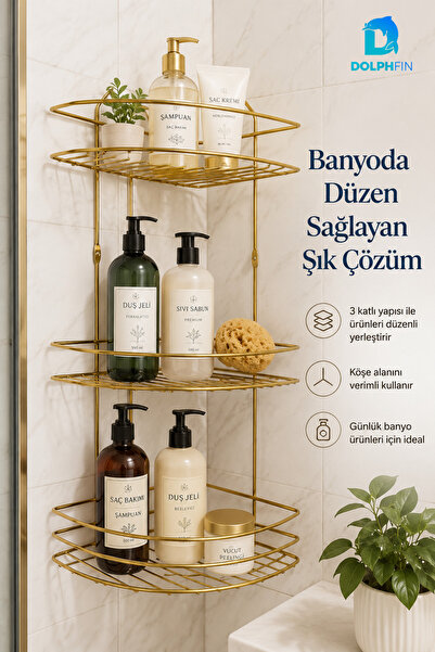 DolphFin 3 Katlı Gold Banyo Duş Rafı Köşe Metal Şampuan Sabunluk Banyo Düzenl...