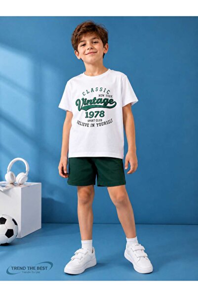 TREND THE BEST Trendin En İyisi Summer Vintage 1978 Printed Boys' Green Short...