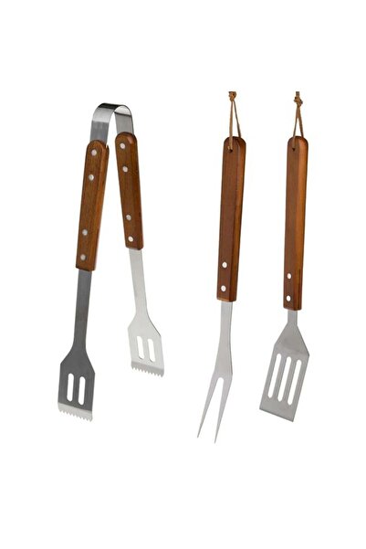 OEM Set 3 Ustensile BBQ din Otel Inoxidabil cu Manere din Lemn, Cleste, Furcu...