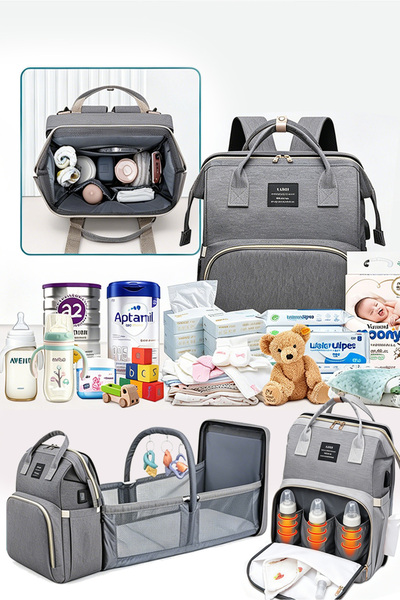 Selirxy Grey Diaper Bag Mother Baby Care Bag with Foldable Bed – Large Capaci...