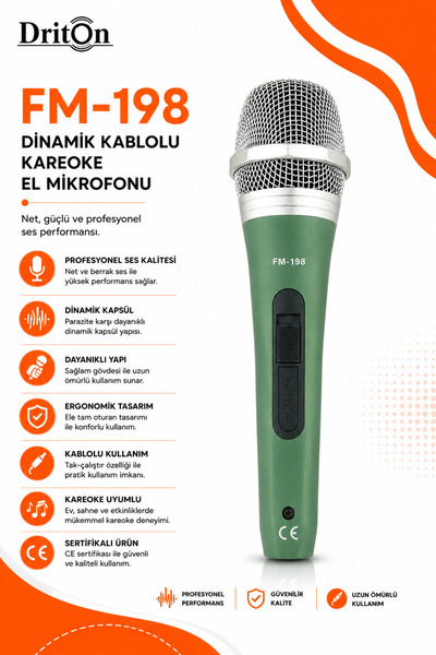 DRİTON FM-198 KABLOLU DİNAMİK KAREOKE EL MİKROFONU