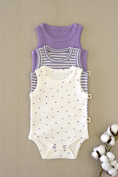 Mimu Baby %100 Pamuk Pointel Çıtçıtlı Bebek Zıbın 3'lü Set - Mor Kalpli, Lila...