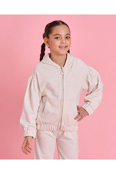 REDTAG Girls Ivory Terry Zip Through Hooded Sweatshirt
