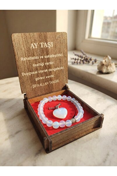 Meneva Aksesuar Moonstone Natural Stone Necklace with Wooden Box, Bracelet Set