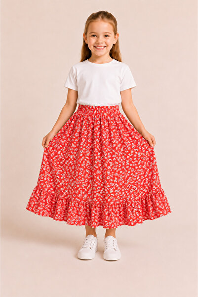 DUBAİ ÇOCUK Girl's Long Skirt Summer Patterned Elastic Waist Comfortable Loos...