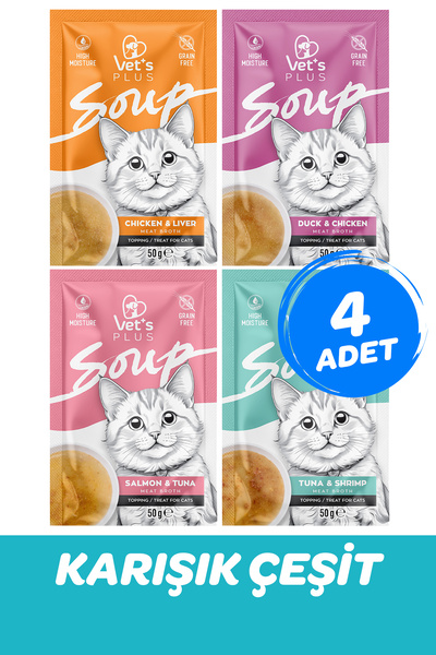 Vet's Plus Karışık Çeşit Kedi Çorbası 50gr x 4 Adet (Tahılsız Sıvı Kedi Ödülü)