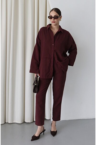 My Blog Plum 100% Linen Shirt Trousers Set - 0254