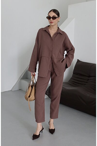 My Blog Brown 100% Linen Shirt and Pants Set - 0254