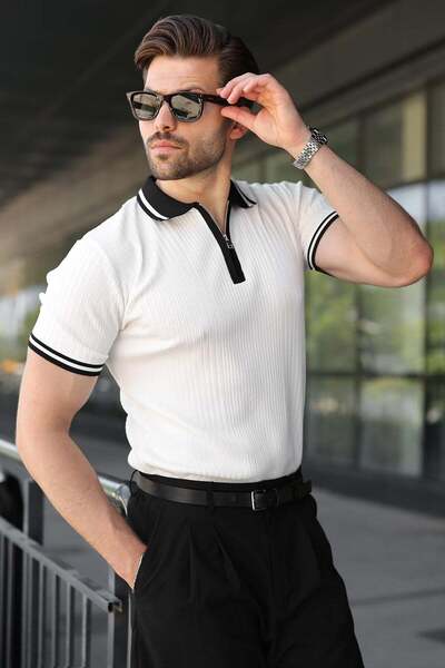 Madmext White Half Zipper Polo Collar Knitwear Men's T-Shirt E7501