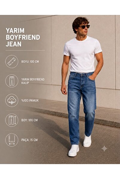 fashionistanbul Men's Boyfriend Jeans Dark Blue Loose Fit Comfortable Denim J...
