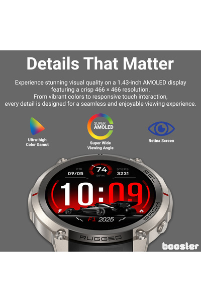 BOOSTER REVIEW Smartwatch militar Booster M4 GPS AMOLED 1.43”, Harti Offline, Peste 170 de sporturi, 5 ATM, HRV, Baterie 500 mAh