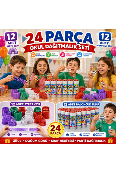 KAR TANESİ 24 Parça Okul Dağıtmalık Seti 12 Stres Yayı + 12 Baloncuk Tüpü Karne Doğum Günü Hediyelik