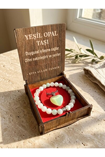 Meneva Aksesuar Green Opal Stone Natural Stone Necklace with Wooden Box, Brac...
