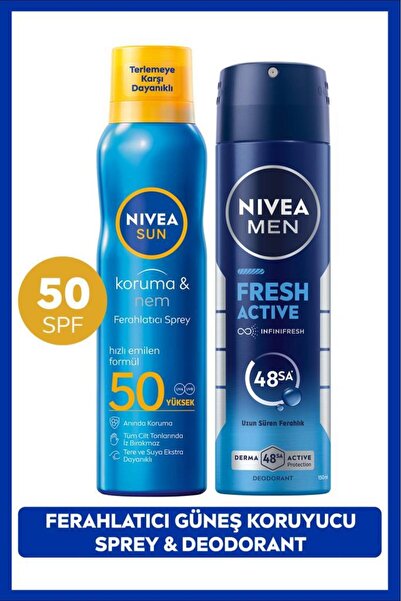 NIVEA SUN SPF50 Güneş Koruyucu Ferahlatıcı Sprey 200ml ve Erkek Sprey Deodora...