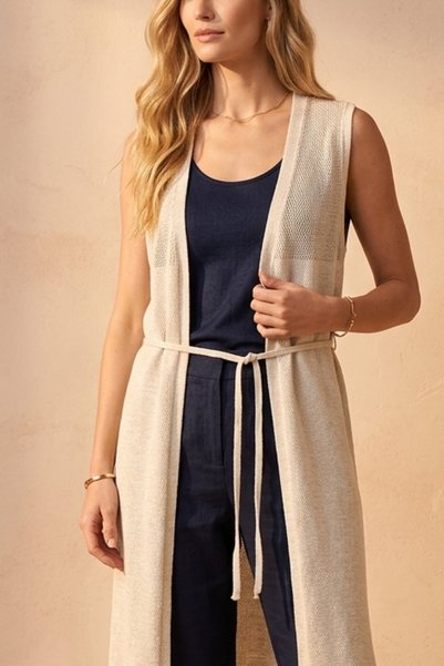 zerfu Women's Sleeveless Tie-Up Long Knit Cardigan