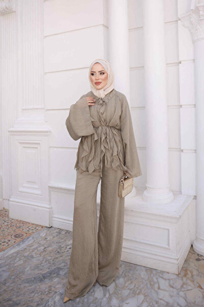 İmajButik Haki Fırfırlı Çizgili Kimono Pantolonlu Takım