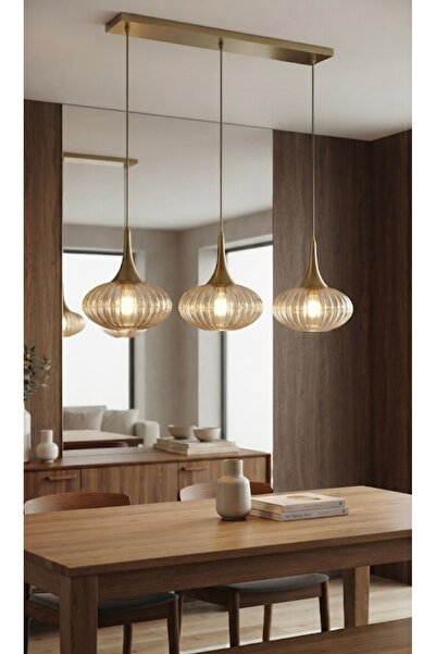 demet habek mylights Modern Bal Rengi Elips Camlı Sıralı 3'lü Avize Mat Altın...