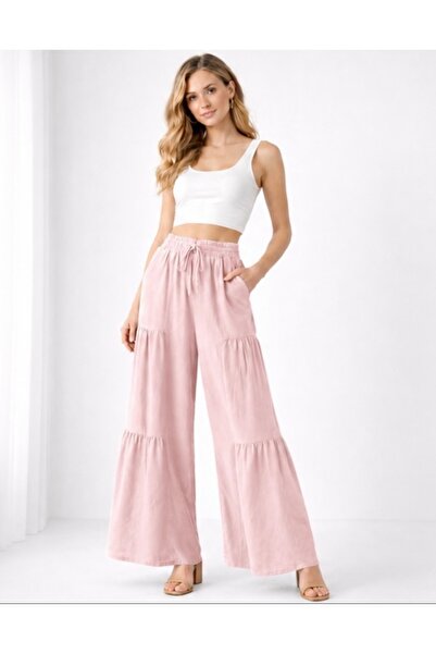 SheLoria Women's Elastic Waist Lace-Up Wide-Leg Linen Trousers