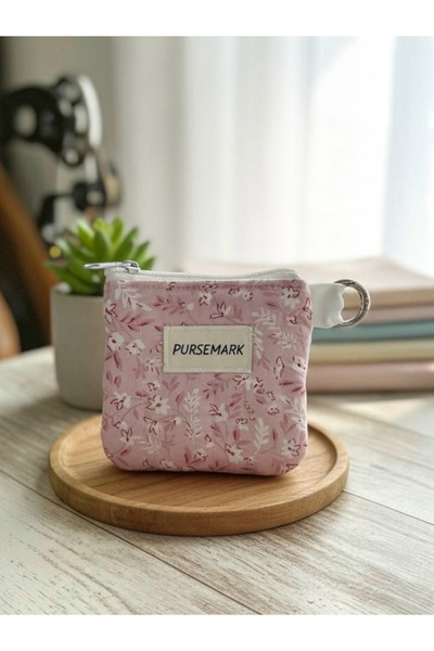 PURSEMARK Pudra Pembe Floral Desenli El Yapımı Küçük Cüzdan