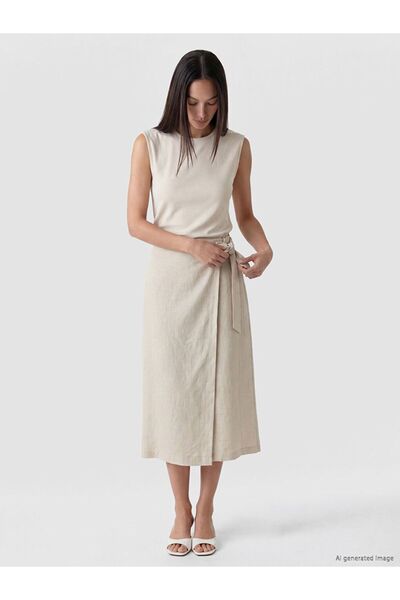 LC Waikiki Lcw Everyday Beige Tie-Waist Wrap Cut 100% Linen Skirt