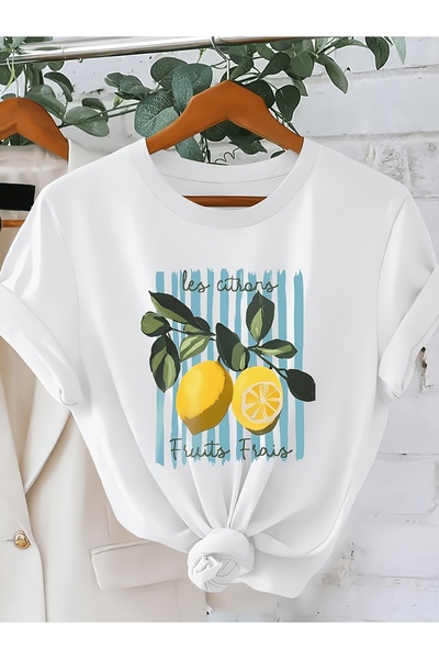 STITCHLY تي شيرت نسائي صيفي جديد بتصميم ألوان مائية منعشة وطبعة ليمون باللوني...