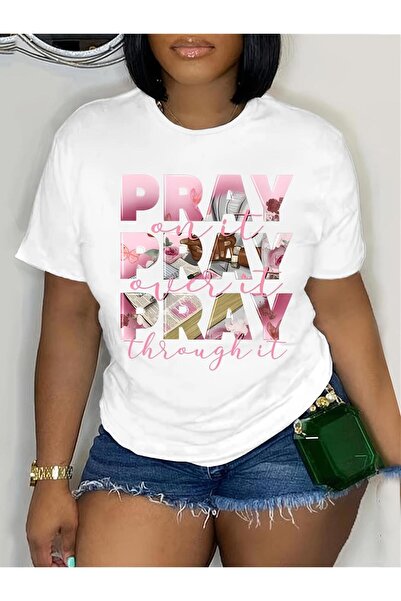 BASEPULSE تي شيرت أبيض ملهم بعبارة "Pray on Over It Pray Through It" - قميص ك...