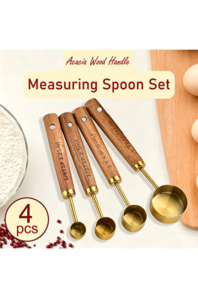 Choice1 Gold 4Pcs Gold Stainless Steel Measuring Spoons With Scale Wooden Han...